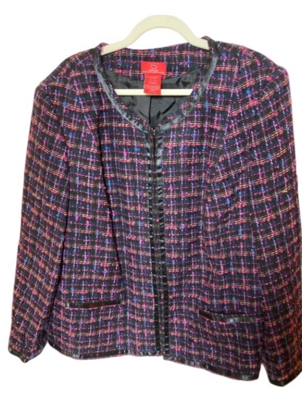 Oscar de la Renta Black Tweed Jacket with Pink & Blue Accent Threading